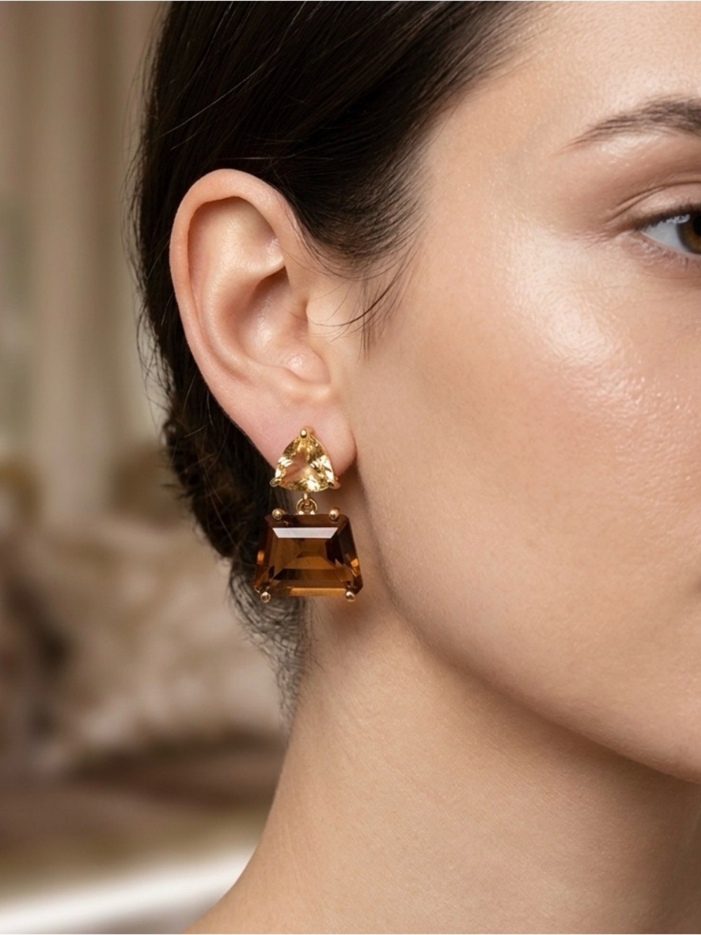 Gold Prong Set Citrine Trillion Smokey Double Drip Earrings
